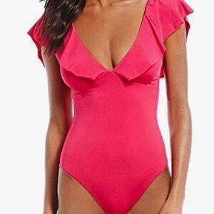 AdoreShe Women's Sexy V-Plunge One-Piece Swimsuit- Ruffle Sleeve - Fuchsia XL